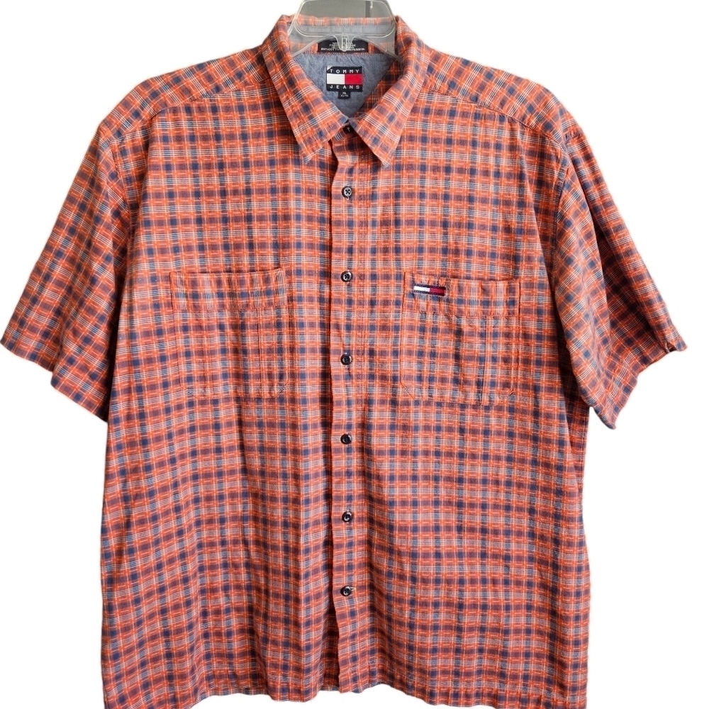 Tommy Hilfiger Jeans Men's Button-down Short Sleeve Shirt Red Blue Plaid SZ XL